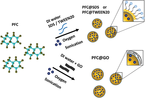 Figure 3 Perfluoro carbon (PFC) encapsulated emulsion with different emulsifiers (graphene oxide (GO), sodium dodecyl sulfate (SDS), and TWEEN20).