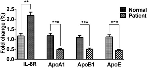 Figure 1 Expression of IL6R, apoA1, apoB and apoE in the serum of diabetic patients. **P<0.01 and ***P<0.001 vs normal group.