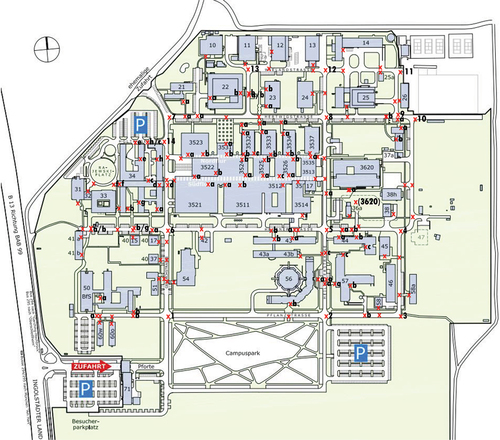 Figure 1. Node net of the main campus in Neuherberg. Red crosses on the ground plan display node points to create a node distance net between all buildings on the campus. Letters on the crosses (e.g. a or b) represent several entrance doors of one building.