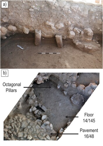 Figure 9 a) Two of the three octagonal stone pillars of a possibly small shrine in Square I/4 after the 2014 season (Building 14/Q/145), looking east (courtesy of the Tel Aviv University Institute of Archaeology); b) combined 3D model of Squares I/3–4 in Area Q, after the exposure of the third octagonal pillar in the 2016 season (courtesy of the Megiddo Expedition).