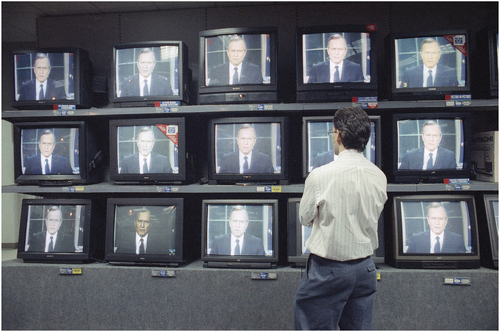 Figure 5. Seen in an appliance store in Bryn Mawr, Pennsylvania, President Bush announces allied air strikes against Iraq on January 17, 1991. Source: AP/Amy Sancetta, as shown in Rian Dundon, “Operation Desert Storm Was a Practice Run in Press Manipulation,” Timeline, March 1, 2018.