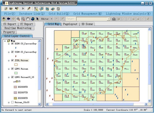Figure 6. Lightning thematic grid construction. The Hainan province is partitioned into 10×10 grids, 100 parts altogether. In this figure, the polygon is a regular rectangle, which can also be irregular. According to the mean thunderstorm days of different years stored in each grid, statistical analysis is carried out.