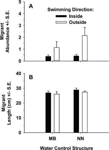 FIGURE 6. Mean (+SE) (A) migrant abundance (per 5-min segment) and (B) migrant length (cm TL; per 5-min segment), as observed with dual-frequency identification sonar at the Mangrove Bayou (MB) and No-Name Bayou (NN) water control structures (n = 296 migrants total). Migrants are classified based on swimming direction (inside = individuals going into the managed salt marsh; outside = individuals coming from the managed marsh).