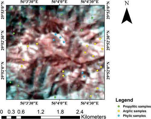 Figure 13. Sample points location on the false-color composite image (38-8-7 in VNIR) of the Kuhpanj area.