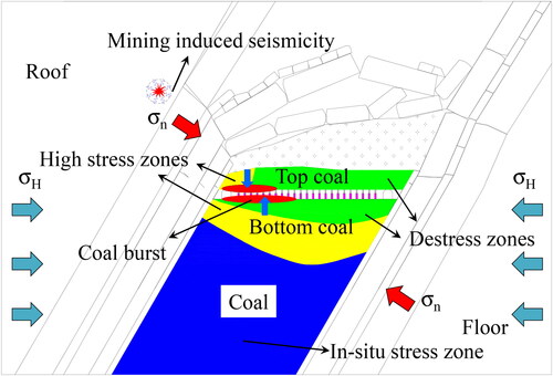 Figure 13. Characteristic of the stress in coal and the coal burst mechanism in SIETCS.