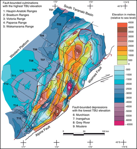 Figure 5 Geometry of the TBU reconstructed in 3D from surface geology (Fig. 1), cross-sections and subsurface data (Figs 2–3), and projected in 2D using elevation contours (elevation in metres relative to sea level, contour spacing 500 m). Superimposed are the traces of the cross-sections in Fig. 3 (solid lines) and of cross-sections not shown in Figure 3 but partly reproduced in Fig. 7 (dashed lines). See Fig. 6 for fault identification and kinematics.