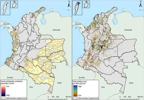 Figure 2 Maps of the study area in Colombia, 2018, showing two important predictor variables: Left-hand panel shows community-based estimates of population size in each enumeration area; Right-hand panel shows remotely sensed building coverage for 90 m pixelsSource: National boundaries were obtained from Global Administrative Areas (GADM Citation2019) and the subnational boundaries from DANE (Citation2022b). The maps were created using ESRI ArcGIS pro v.2.5. Community-based estimates of population size in each enumeration area were obtained from social cartography workshops. Remotely sensed building coverage for 90 m pixels was obtained from World Settlement Footprint 3D.