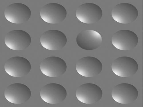 Figure 1. A target finding task was implemented using stimuli devoid of 3D cues other than lighting and shading, creating targets of either convex balls or concave bowls. Note that the stimuli, as in previous work from our laboratory, are ellipsoids rather than spheres.