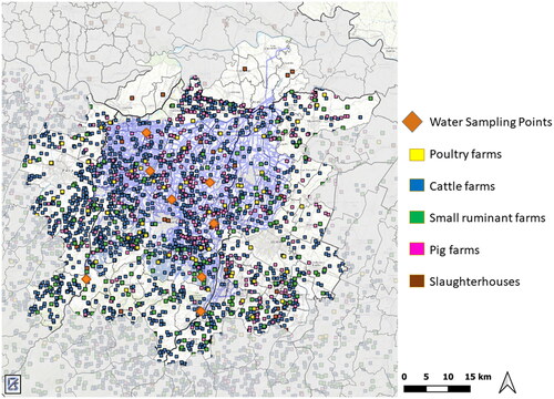 Figure 1. Inventoried animal farms and slaughterhouses pressures on the water sampling points. Data kindly provided by Regione Emilia Romagna Veterinary Office.