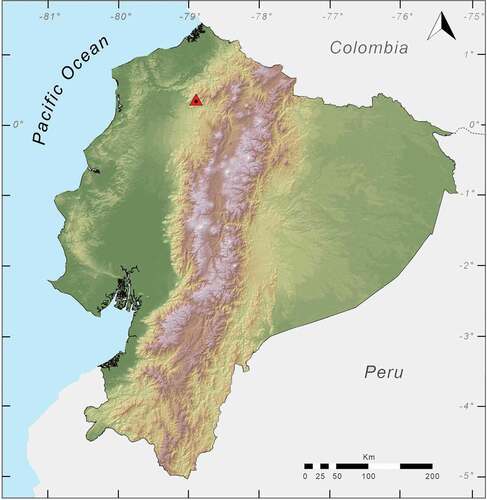 Figure 2. Map of Ecuador showing the location of Río Manduriacu Reserve, the type locality (red triangle) of Noblella worleyae sp. nov