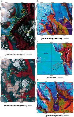 FIGURE 3. ASTER composite (bands 1, 2, and 3 Nadir) satellite image acquired in February 2003, with frontal variations of Glaciares Dickson, Frías, and Cubo. LIA indicates the Little Ice Age moraine estimated by correlation with similar moraines on Lago Grey (CitationMarden and Clapperton, 1995). UTM coordinates are expressed in meters.FIGURE 4. ASTER composite (bands 1, 2, and 3 Nadir) satellite image of 2003 and frontal variations of Glaciares Olvidado, Los Perros, Ohnet, and U-2. UTM coordinates are expressed in meters.FIGURE 5. Landsat ETM+ composite image (bands 1, 4, and 5) of October 2000, with frontal variations of Glaciares Grey, Pingo, and Zapata. UTM coordinates are expressed in meters.FIGURE 6. Landsat ETM+ composite image (bands 1, 4, and 5) of October 2000, with frontal variations of the eastern ice front of Glaciar Tyndall. The control point “Alpha,” the Japanese profile surveyed since 1985 (CitationNaruse et al., 1987) as well as the point measurements carried out by optical survey in 1999 are shown. LIA indicates the Little Ice Age moraine as defined by CitationAniya (1995). UTM coordinates are expressed in meters.FIGURE 7. Landsat ETM+ composite image (bands 1, 4 and 5) with frontal variations of the calving ice fronts of Glaciar Tyndall. UTM coordinates are expressed in meters