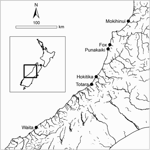 Figure 1. Map of sampling locations along the west coast of South Island, New Zealand.