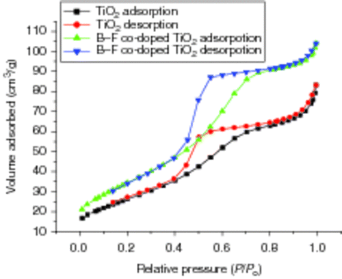 Figure 3. N2 adsorption/desorption isotherms of pure TiO2 and TiO2 co-doped with B3+ and F−.