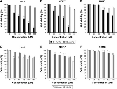 Figure 2 Effect of AuNPs, AuHCl4, and chitosan on HeLa, MCF-7, and PBMC cell viability.Notes: HeLa (A), MCF-7 (B), and PBMC (C) were treated with various concentrations of CH-AuNPs and SC-AuNPs (25, 50, 75, 100, and 150 µM). HeLa (D), MCF-7 (E), and PBMC (F) were treated with vehicles (chitosan and HAuCl4) at same concentrations as in (A–C) for 24 hours. Cell viability was measured by MTT assay. The percentages refer to relative cell viability represented as percentage of control (nontreated cell viability=100%).Abbreviations: CH-AuNPs, chitosan gold nanoparticles; PBMC, peripheral blood mononuclear cell; SC-AuNPs, sodium citrate gold nanoparticles.