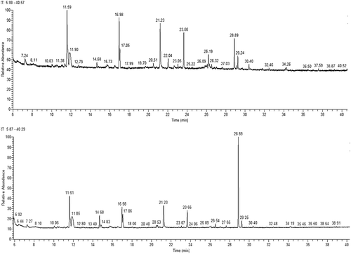 Figure 3. Gas chromatography-mass spectrometry ion map (6–40 min) of Y14-fortified alcoholic fermentation (upper) and Daqu-alone alcoholic fermentation (bottom).