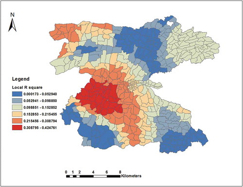 Figure 6. Spatial distribution of local R2 values for GWR analysis in the Dale district and Yirga Alem town, Sidama, southern Ethiopia.