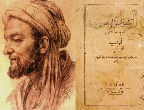 Figure 1. A portrait of Abu Ali al-Husayn ibn Abd Allah ibn Sina (Avicenna), Krueger HC, Avicenna’s poem on medicine. Springfield, Illinois, Charles C Thomas, 1963;p 52a (left side). The Canon of Medicine in Arabic which was published in Rome in 1593 (right side).