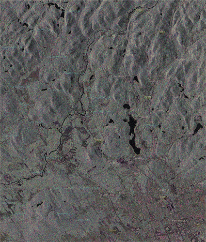 Figure 4. R(HH)/G(VH)/B(VV) composite with slant-range fine-quad image (FQ18). Note: Cities appear in reddish due to more double bounce scattering with HH and VV than VH polarisations. ‘RADARSAT-2 Data © MacDONALD, DETTWILER AND ASSOCIATES LTD. (2008)–All Rights Reserved’ and courtesy of Canadian Space Agency.