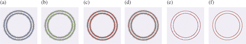 Figure 3. Denoising 2D noisy data taken from two concentric circles of radii 0.9 and 1.0. The noisy circles are illustrated with black points in (a)–(d). (a) and (b) show the point set after smoothing using λ/μ and LOP, respectively. (c) and (d) show the point set after 1 and 2 iterations using our method. In (e) and (f), green points denote the results of LOP, blue points denote the results using λ/μ and red points show the denoising point set using our method. In (a) and (e), a few remaining floating points still exist and three methods obtain similar results which are robust to noise. Moreover, the shrinkage effect is insignificant for three methods.