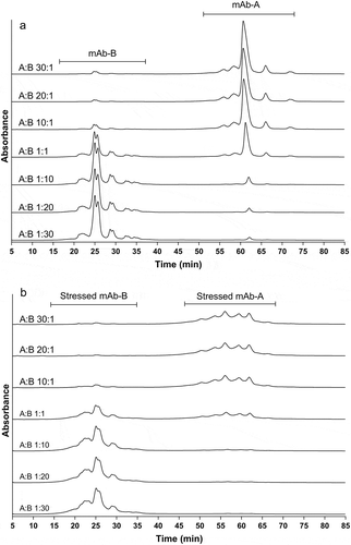 Figure 2. IEC charge variant profiles of non-stressed and stressed COMBO with various mAb-A: mAb-B ratios. The main peak split in mAb-B is caused by IgG2 disulfide bond isoforms (mainly B and A/B forms). (a) non-stressed COMBO; (b) COMBO stressed at 40°C for 3 months.
