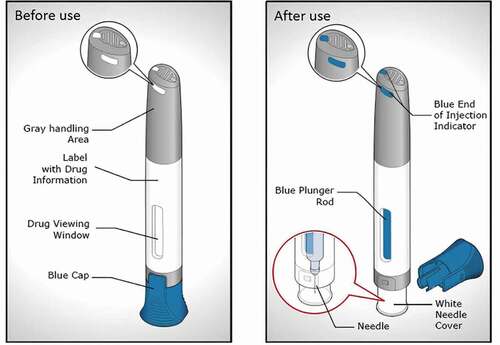 Figure 1. BD Intevia™ 1 mL push on-skin and single-use Disposable Autoinjector before use (left) and after use (right)