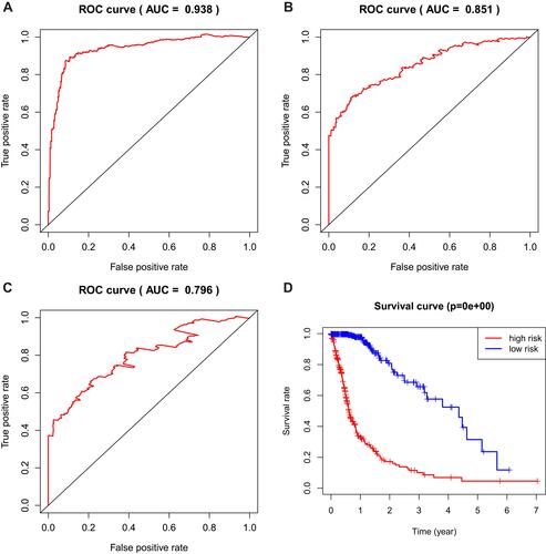 Figure 5 Evaluation and survival analysis of the DDR-related gene prognostic signature. (A–C) The receiver operator characteristic (ROC) curve to predict 1-, 3-, and 5-year OS according to risk score in CGGA and TCGA cohort. (D) Kaplan-Meier survival curve demonstrating the OS differences between high- and low- risk groups.