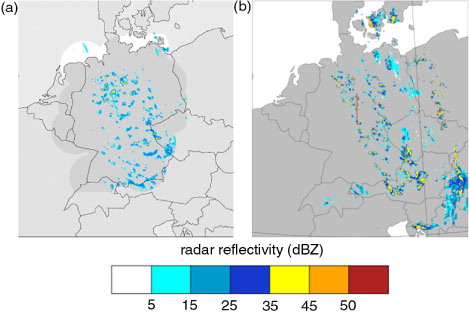 Fig. 4 (a) Measured radar composite (Seifert, 2009, personal correspondence), and (b) simulated radar reflectivity in dBZ for the interactive scenario at 850 hPa on 25 April 2008 15 UTC. The observations cover only a limited domain indicated by the grey (above land) and white (above sea)-shaded areas, whereas the model results are presented for the entire model domain. The red line indicates the cross-section from Fig. 3.