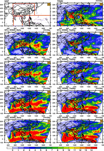 Figure 4. Three-month (JJA) mean precipitation (mm d−1) of the observation and eight cases. (a) Sub-regions; (b) observation (TRMM); (c) MYJ_WSM3_BMJ; (d) MYJ_WSM3_Tiedtke; (e) MYJ_WSM5_BMJ; (f) MYJ_WSM5_Tiedtke; (g) YSU_WSM3_BMJ; (h) YSU_WSM3_Tiedtke; (i) YSU_WSM5_BMJ; (j) YSU_WSM5_Tiedtke.