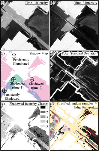 Figure 4. Procedural steps for isolating invariant features within shadows to support radiometric normalization: (a and b) t-1 and t-2 intensity images containing transient shadows; (c) shadow map derived from intensity and intensity-normalized blue variations; (d) additive result of 5-x-5 focal standard deviation kernels applied to t-1 and t-2, enhancing edges; (e) stratification based on five equal-interval classes of the intensity range within transient shadows; and, (f) stratified random points (red circles) used to sample pixels from t-1 and t-2 intensity images that were edge-masked (yellow zones), and low-pass filtered using a 5-x-5 moving-average kernel.