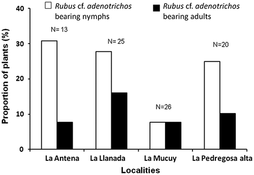 Figure 3. Proportion of Rubus. cf. adenotrichos individuals bearing Heniartes stali in four study sites in the Venezuelan Andes. N = number of plants surveyed.