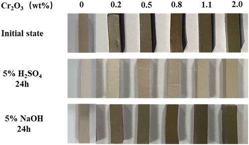 Figure 11. The surface condition of the glass ceramics before and after the acid and alkali resistance test