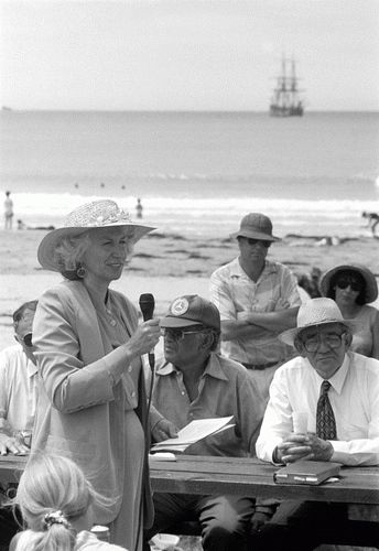 Figure 2  Professor Dame Anne Salmond speaking at Anaura Bay during the visit of the replica Endeavour, January 1996 (photo: Gisborne Herald).