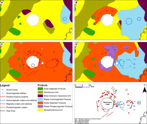 Figure 2. Evolution of the SVD (modified from CitationDe Rita, Funiciello, et al., 1993). (A) Pre-volcanic structure and development of the first emissions centers; (B) The Sacrofano hydromagmatic activity and magmatic activity in the northern sector; (C) Paroxysmal stage of the magmatic activity in the SVD and (D) The final phase of the SVD activity.