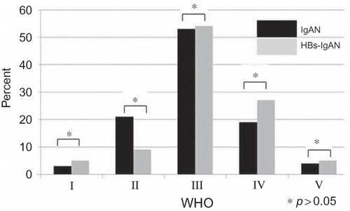 Figure 1.  Comparison of histology based on WHO classification between idiopathic IgAN and HBV-IgAN. There was no difference in histology between two the groups.