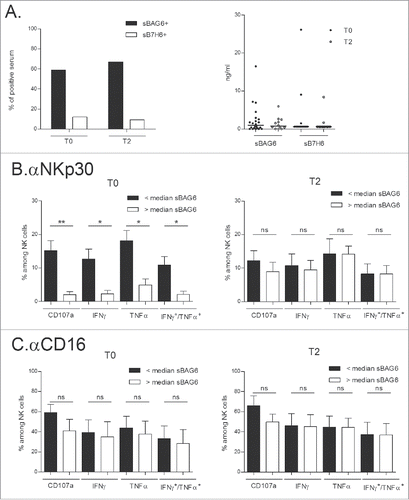 Figure 5. Circulating sBAG6 and NKp30 anergy restored by IFN-γ-Dex. (A) Monitoring of serum soluble BAG6 or soluble B7-H6 at diagnosis and T2 in NSCLC patients by ELISA expressed as percentages of positive samples (cut-off values, 0.5 ng/mL for BAG6; 0.6 ng/mL for sB7-H6) (left panel) and genuine values (right panel). (B–C) Idem as in Fig. 3 monitoring NKp30- (B) or CD16- (C) mediated effector functions in the subsets of patients presenting or not presenting detectable sBAG6 at diagnosis (T0) and (T2). Eleven patients were assessed and the means±SEM of flow cytometry values are shown. Paired t-test p-value is indicated on the graph.*p<0.05.
