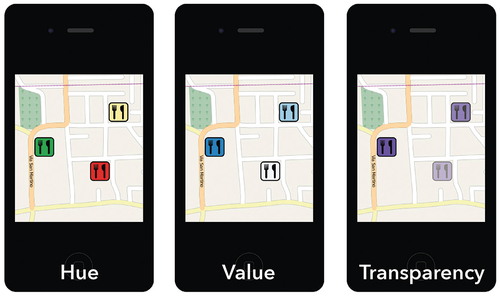 Figure 1. Examples of map stimuli for the three visual variables hue, value, and transparency in Part I.