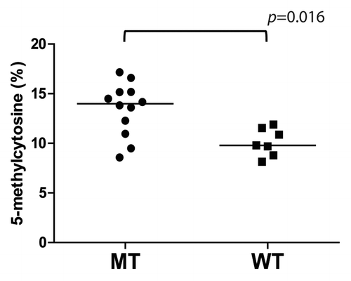 Figure 2 5-methyl-cytosine levels in TET2 mutant and wild-type cases. 5-methyl-cytosine levels in genomic DNA (%) are measured by mass spectrometry in the samples where a sufficient amount of nucleic acids was available. MT, TET2 mutant cases; WT, wild-type cases.