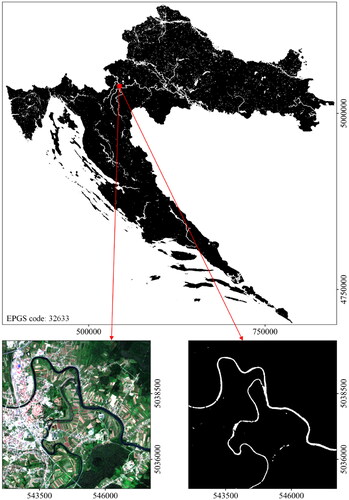 Figure 8. Surface water map for Croatia made using the AUWM. The enlarged subset (right) shows the area of Karlovac, known as the city situated on four rivers. Sentinel-2 ‘true color’ composite (4–3–2) was used for the comparison.