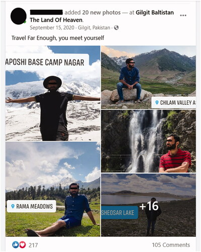 Figure 10 Screenshot of Facebook posts by young men from Gilgit-Baltistan on sightseeing trips throughout the region. (Shot taken by the author, 2021)