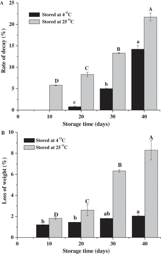 Figure 1. Postharvest decay rate (a) and percentage of weight loss (b) of the mature ‘Bingtang’ fruits during storage at 4°C and 25°C for 40 days. Values are the means of three replicates. Different lowercase letters for the same temperature indicate significant differences at the 5% level.