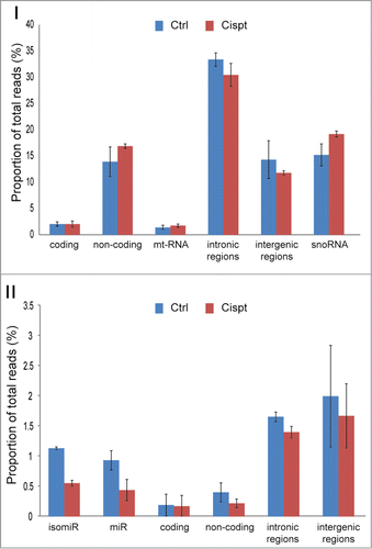 Figure 6. Quantitative preservation of all RNA species. Total proportion of RNA classes before and after cisplatin treatment. Panel I, long RNA classes, Panel II small RNA classes. Error bars represent standard deviations.