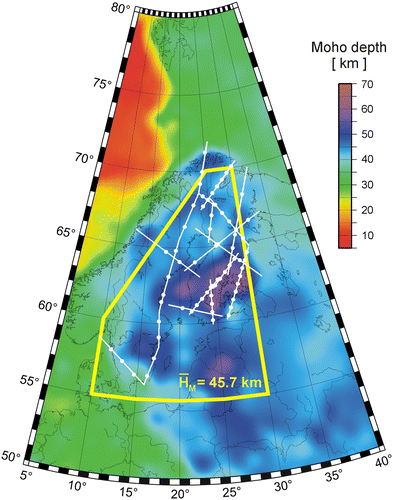 Fig. 3 Moho depth map of the European Plate (Grad et al. Citation2009). Also shown are the seismic refraction profiles (white lines) with the positions (white dots) where velocities were sampled to compile the average P-wave velocity model of the crust and uppermost mantle of the Baltic Shield. The yellow frame shows the area for which an average Moho depth (45.7 km) was calculated. Data were compiled from Hirschleber et al. (Citation1975), Lund (Citation1979), Guggisberg (Citation1986), Luosto (Citation1986), Grad & Luosto (Citation1987), EUGENO-S Working Group (Citation1988), Luosto et al. (Citation1989, Citation1990, Citation1994), Grad et al. (Citation1991), FENNIA Working Group (Citation1998), Uski et al. (Citation2012) and Tiira et al. (Citation2014).