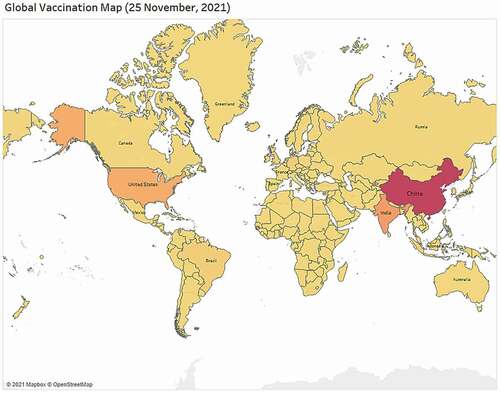 Figure 7. Worldwide vaccination map visualization based on highest number of doses offered by the country.