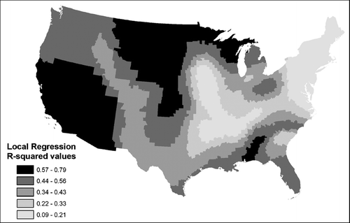 Figure 4 R2 values of the local regressions conducted for each county using geographically weighted regression, with presidential disaster declarations as the dependent variable and major hazard events, state success rate, and regional success rate as the independent variables.