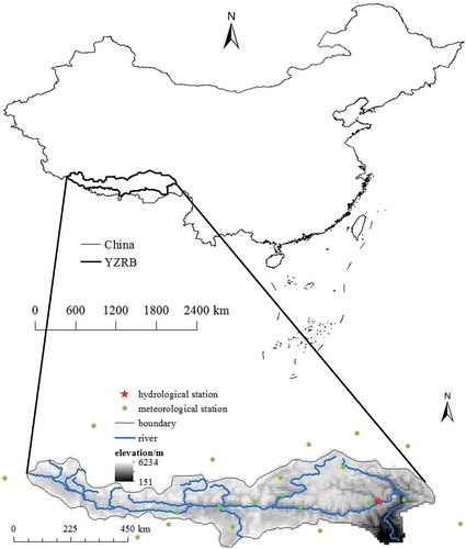 Figure 1. Modelling grids and meteorological and hydrological stations in the YZRB.