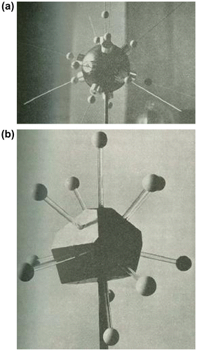Figure 5 (colour online) (a) Magnetic sphere arrangement used to build irregular coordination models. (b) An example of an irregular coordination arrangement together with the equivalent Voronoi polyhedron. Reprinted by courtesy of the Royal Institution of Great Britain from Proc. Roy. Instn. 37 (1959) p.373.