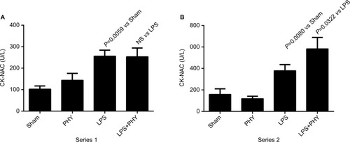 Figure 3 Effect of PHY on final creatine kinase activity during systemic inflammation, with (series 1, A) and without (series 2, B) any additional volume loading.Notes: Systemic inflammation was induced by an intravenous infusion of LPS (0.5 mg/kg×h over a period of 180 minutes). In series 1, physiological sodium chloride solution was continuously infused starting directly after the beginning of the LPS infusion at a rate of 3 mL/kg×h. PHY (50 µg/kg×10 minutes) was administered intravenously at T=90 minutes after the beginning of the LPS infusion. Shown are mean values±SEM, n=8 animals per group (n=4 for non-LPS groups) for series 1 and n=5 animals per group for series 2.Abbreviations: CK-NAC, creatine kinase; LPS, lipopolysaccharide; PHY, physostigmine; NS, not significant; SEM, standard error of the mean.