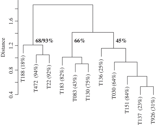Fig. 3. Unweighted paired-group dendrogram of isolates using a chord distance association matrix of concentration relationships (reverse rank-order) of compounds detected in HPLC. Branch lengths indicate distance (differences) in the chemical composition of isolates. The mean percentage of perithecial reduction is provided at the three group level and annotated on the dendrogram. Group 1 is reported with and without T188.