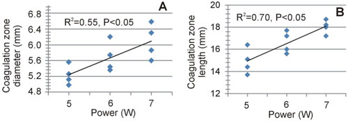 Figure 12. Relationship between applied power and coagulation zone size (maximum diameter and length).
