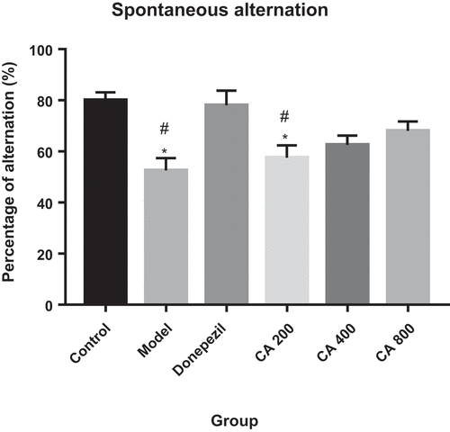 Figure 3. Effect of Centella asiatica on spontaneous alternation in rats using T-maze. Control (distilled water + normal saline), Model (AlCl3 70 mg/kg. bwt), Donepezil (Donepezil 10 mg/kg + AlCl3 70 mg/kg.bwt), CA 200 (200 mg/kg.bwt + AlCl3), CA 400 (400 mg/kg.bwt + AlCl3) and CA 800 (800 mg/kg.bwt + AlCl3). Data represent mean ± SEM (n = 5), one way ANOVA. * = p < 0.05, Model and CA 200 vs. Control group. # = p < 0.05, Model and CA 200 vs. Donepezil group.